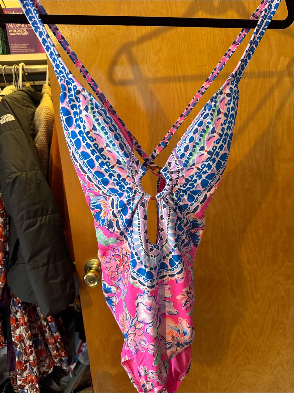 Lily Pulitzer Pink One-Piece Swimsuit with Blue Patterned Accents